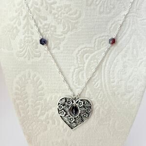 Purple Swarovski Crystal Brocade Heart Necklace in Silver Adjustable